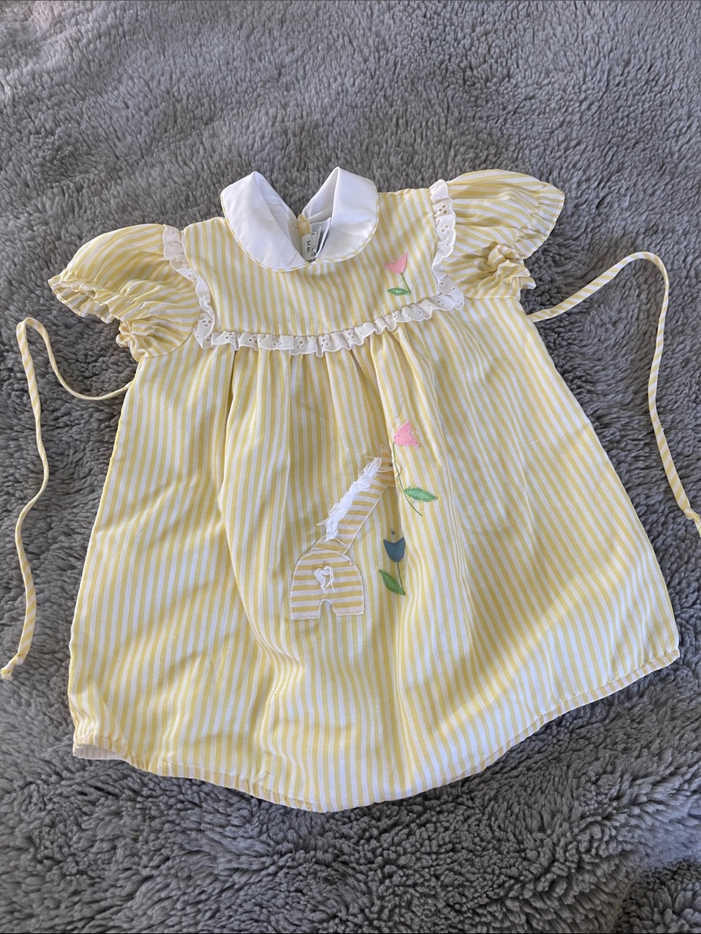 Vintage Yellow Striped Baby Romper with Floral Giraffe Appliqué